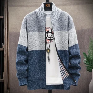 Alternative view of Autumn Winter Cardigan Sweater Men Fleece Zipper Sweaters Velvet Contrast Striped Sweater Coats Casual Jackets