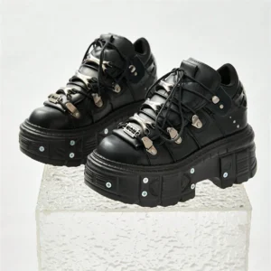 Alternative view of Punk Style Women Black Shoes Rock Metal Decor Lace-up Heel Height Platform Shoes Gothic Man Sneakers Women Ankle Boots 2025 New